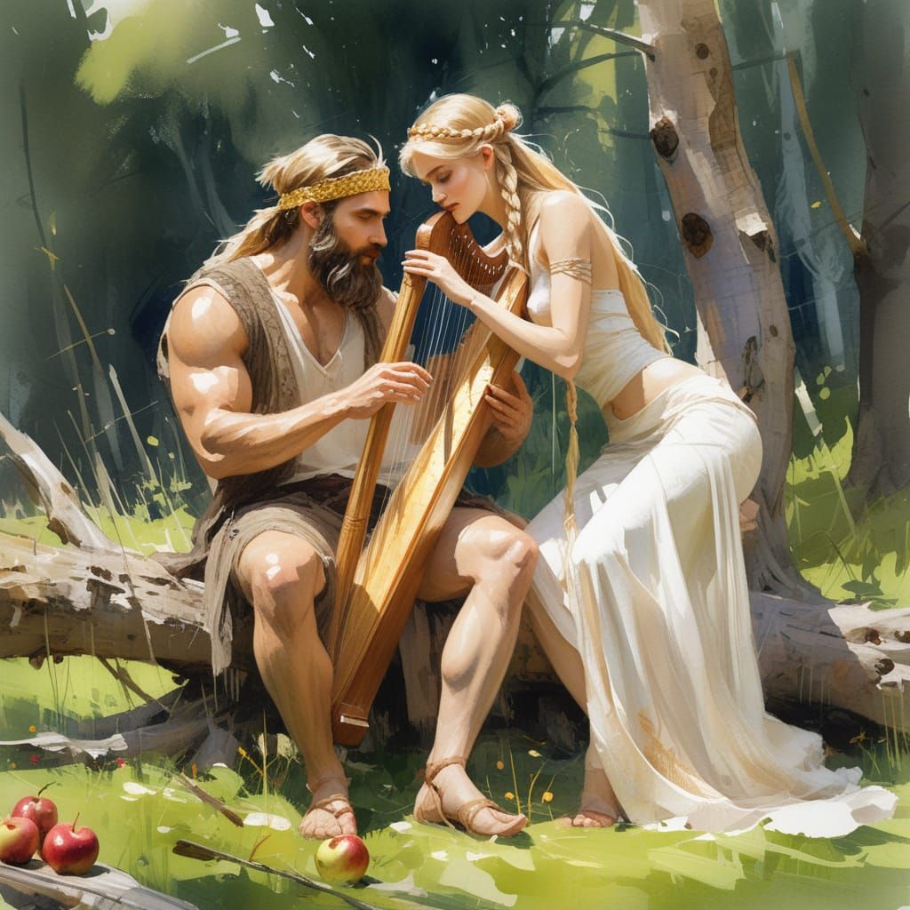 Norse Couple with Harp and Golden Apple in Meadow