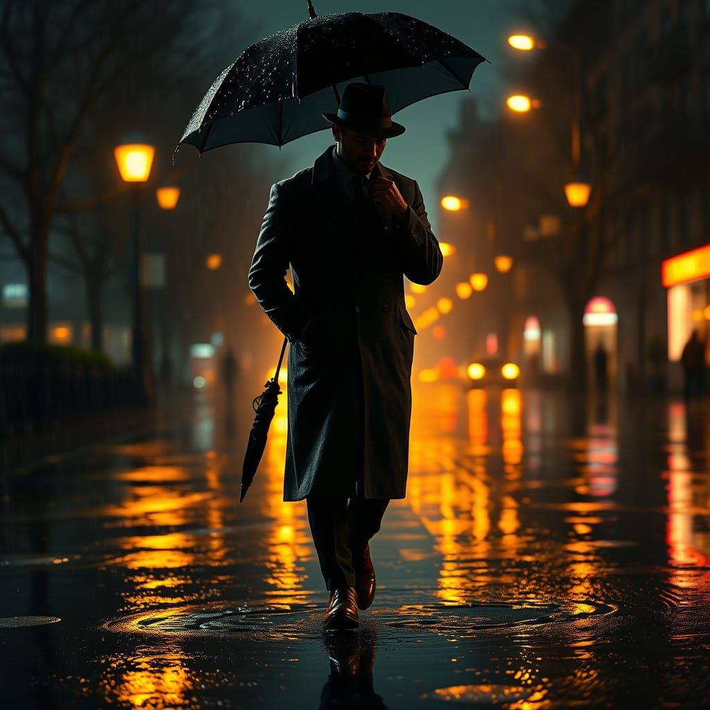 Moody Nighttime Cityscape in Rainy Atmosphere