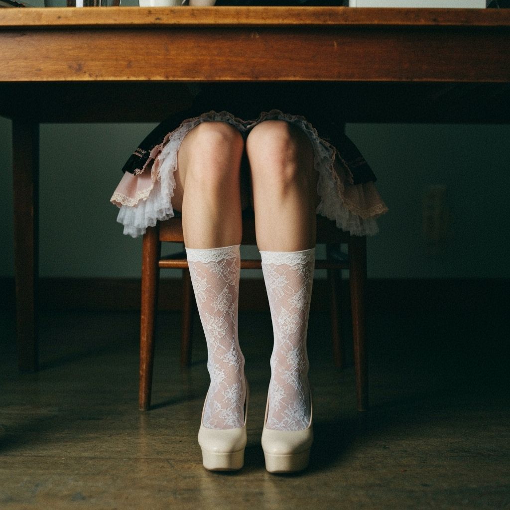 Masculine Legs in Heels and Lace Socks Under Table
