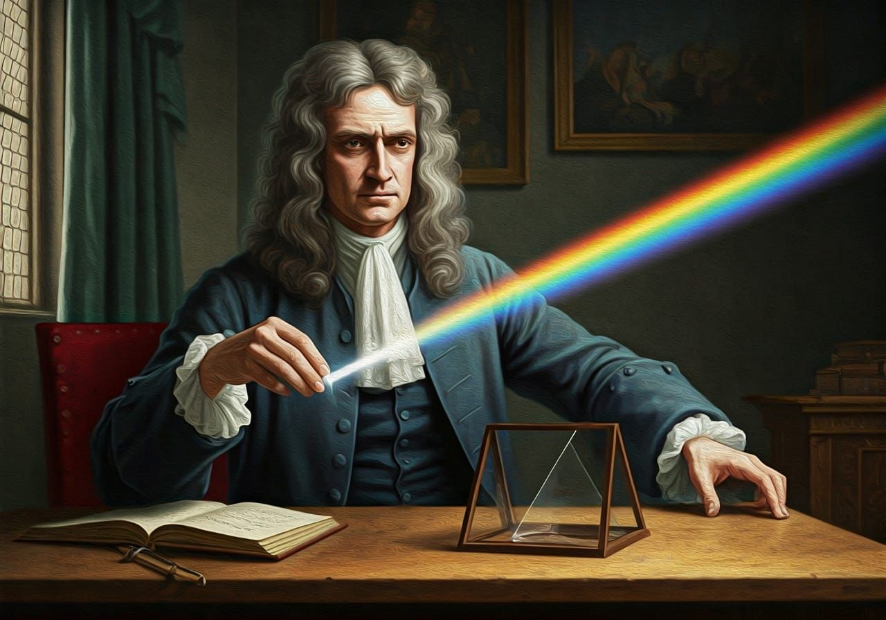 Sir Isaac Newton demonstrating a beam of white light splitting into a rainbow through a prism, background of a seventeen...