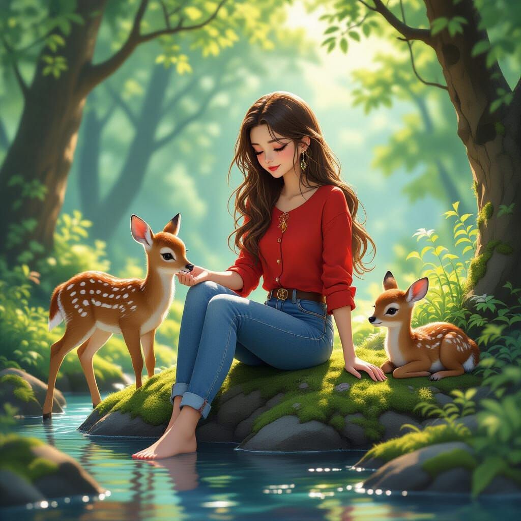 Girl and Fawn in Whimsical Forest, Anime Style