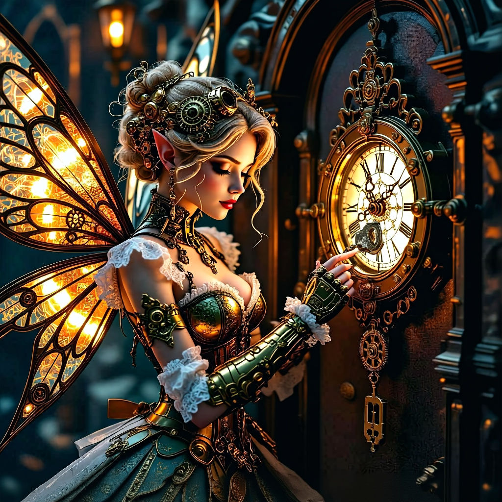Steampunk Fairy Opens Clockwork Door in Hyper-Realism