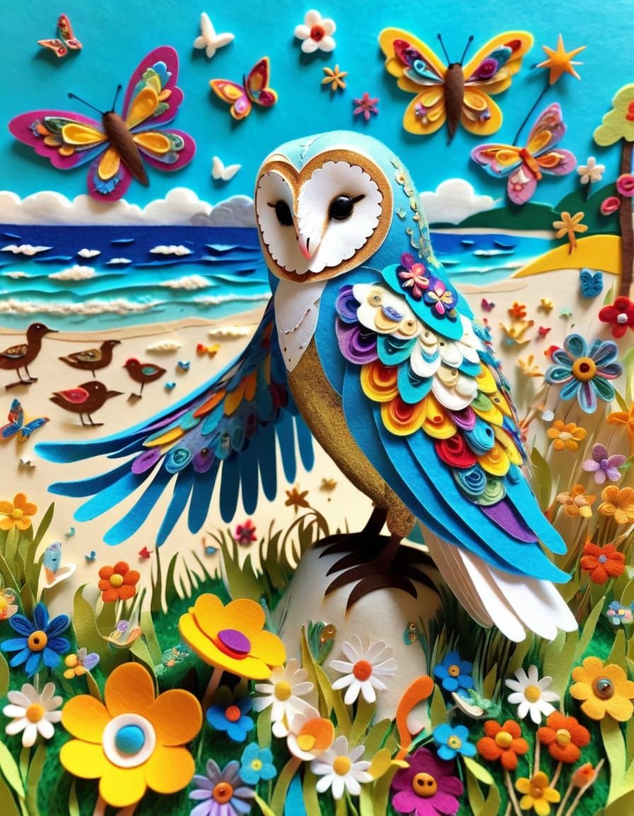 Felt Art Barn Owl on Beach Holiday with Butterflies