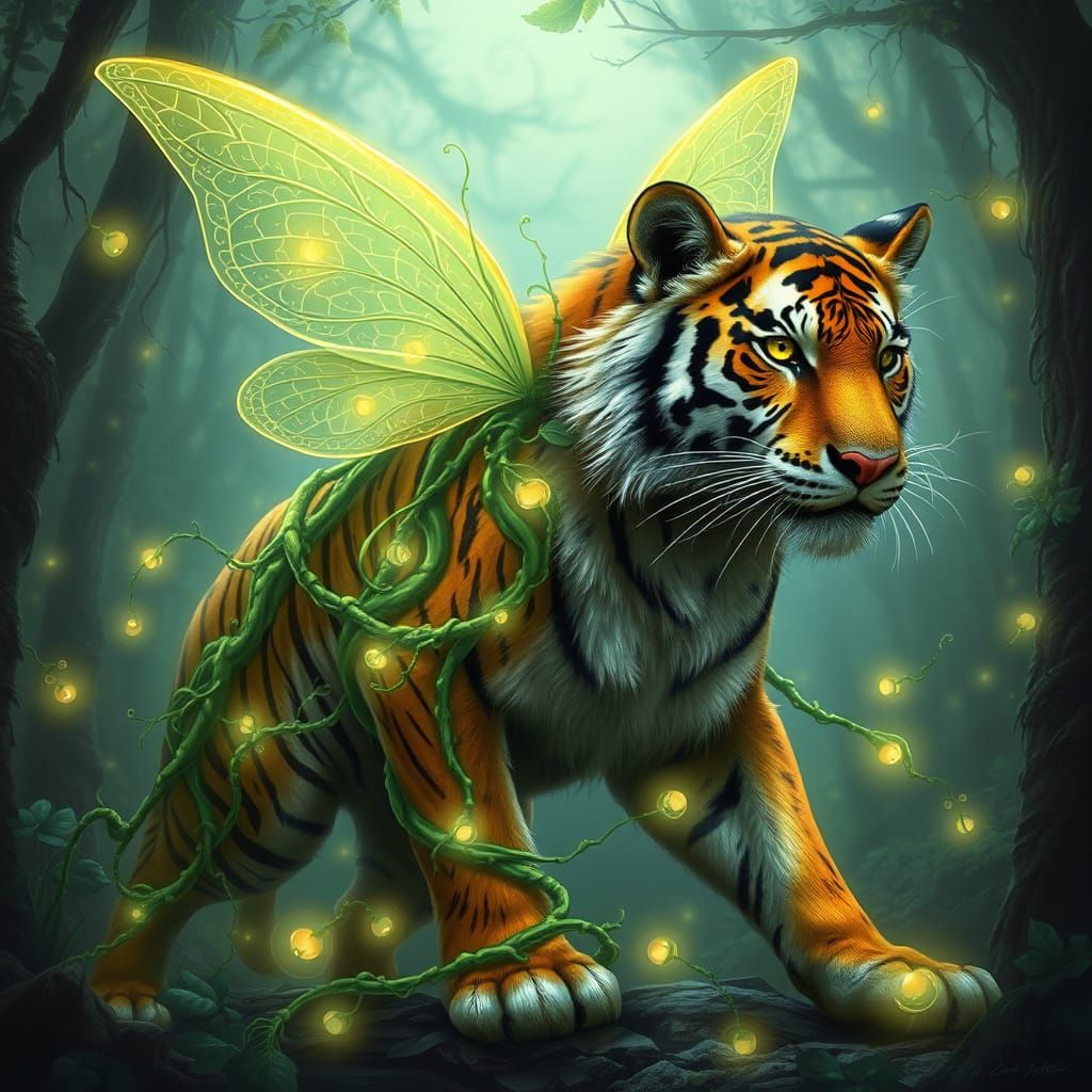 Tiger-Fae Hybrid in Glowing Green Vines, with Delicate Fairy...