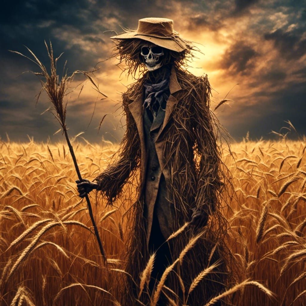 Vintage Scarecrow in Wheat Field at Sunset