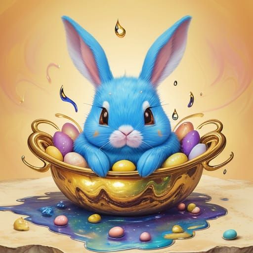 Surreal Easter Bunny on Melting Table with Abstract Eggs