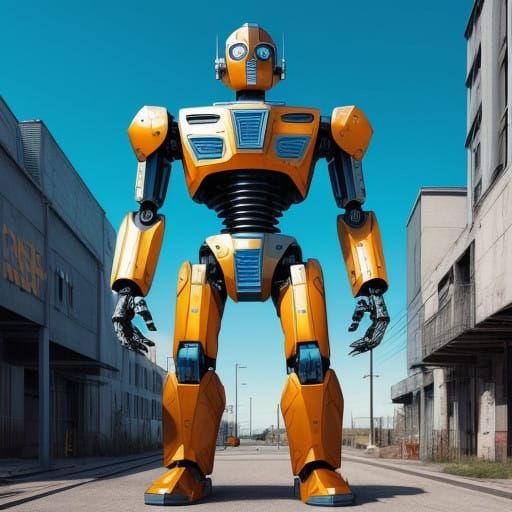 Cyborg Robot in Vibrant Blue Sky, Inspired by 1970s Pop Art