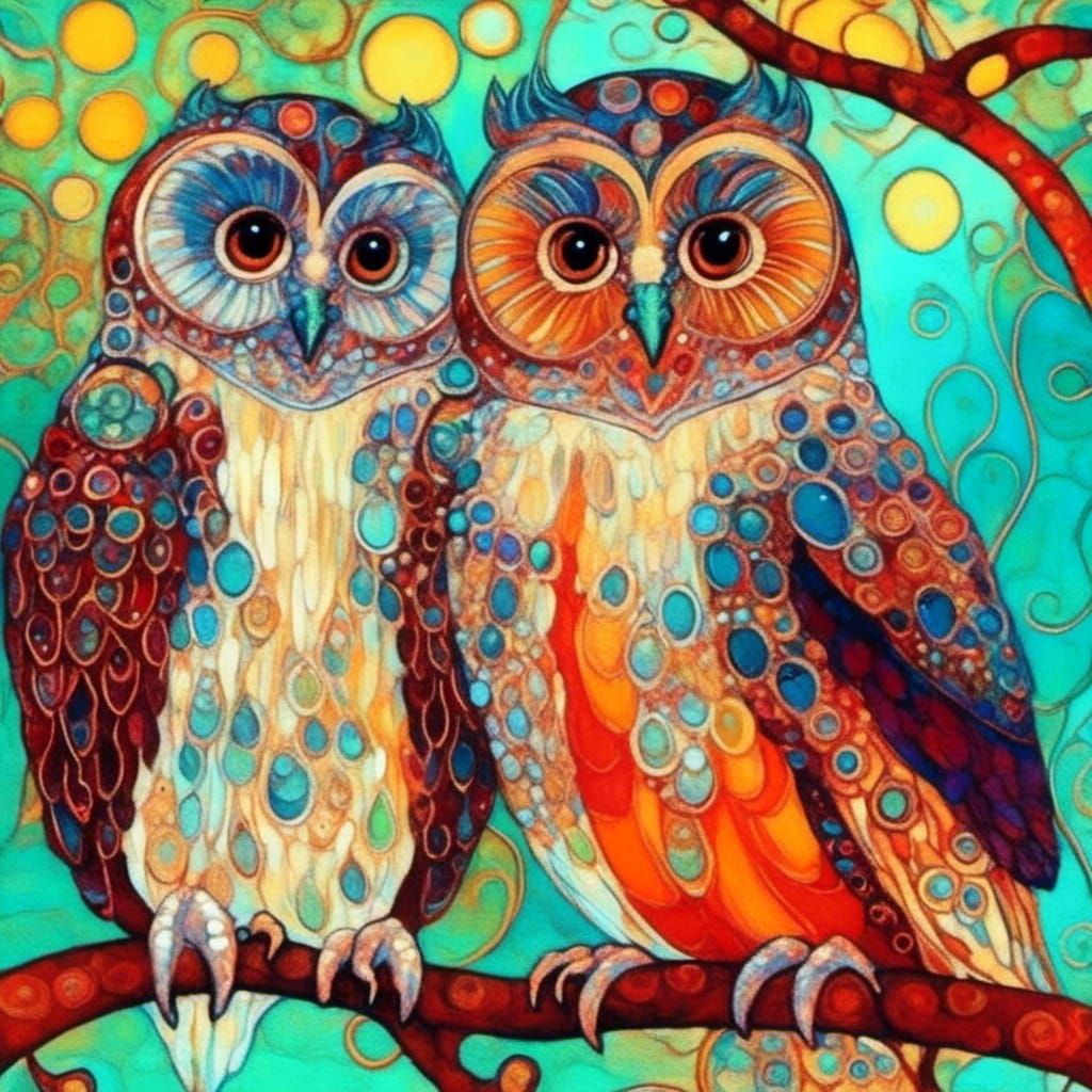 Whimsical Owls in Art Nouveau Style