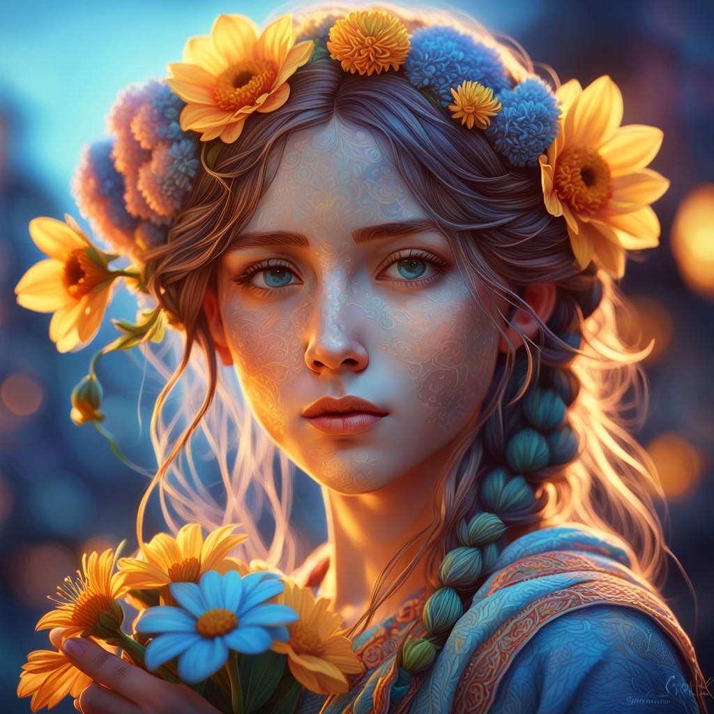 Ethereal Girl with Flower: Alphonse Mucha-Inspired Portrait