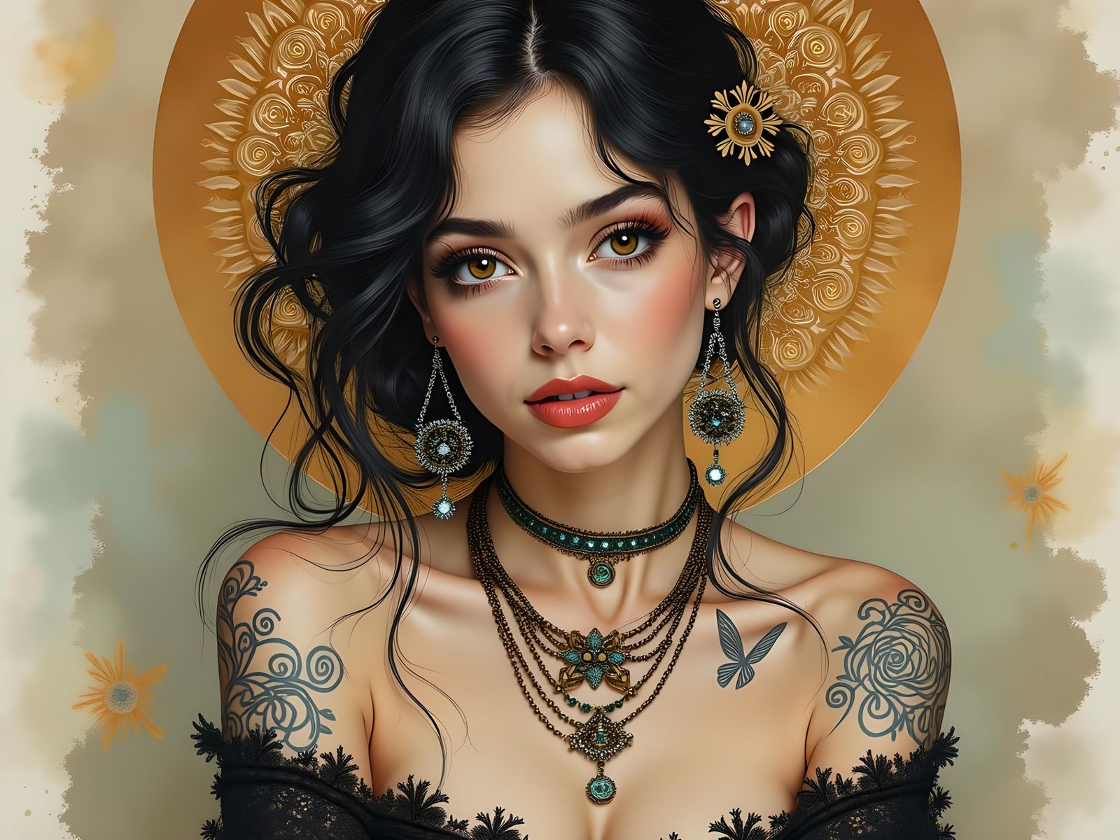 Elegant Woman with Tattoos, Art Nouveau Style