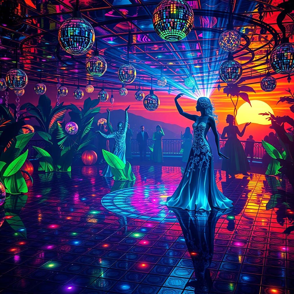 Surreal Disco Dreamscape in Vibrant, Iridescent Colors