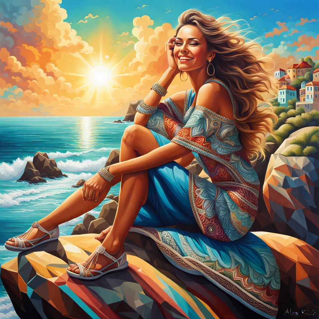 Happy Woman at Seaside in Airbrush Style