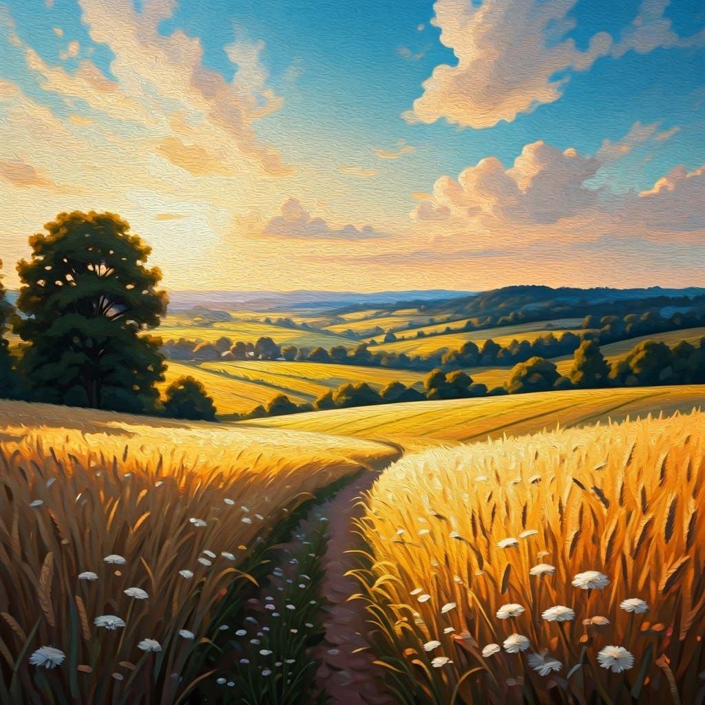 Golden Hour Wheat Fields in Impressionistic Style