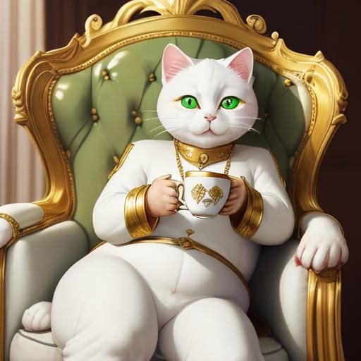 White Cat Prince Drinks Coffee on Golden Chair