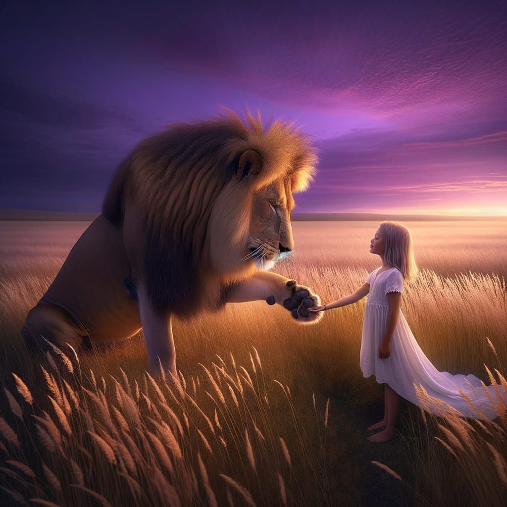 Lion and Girl in Violet Savanna Twilight