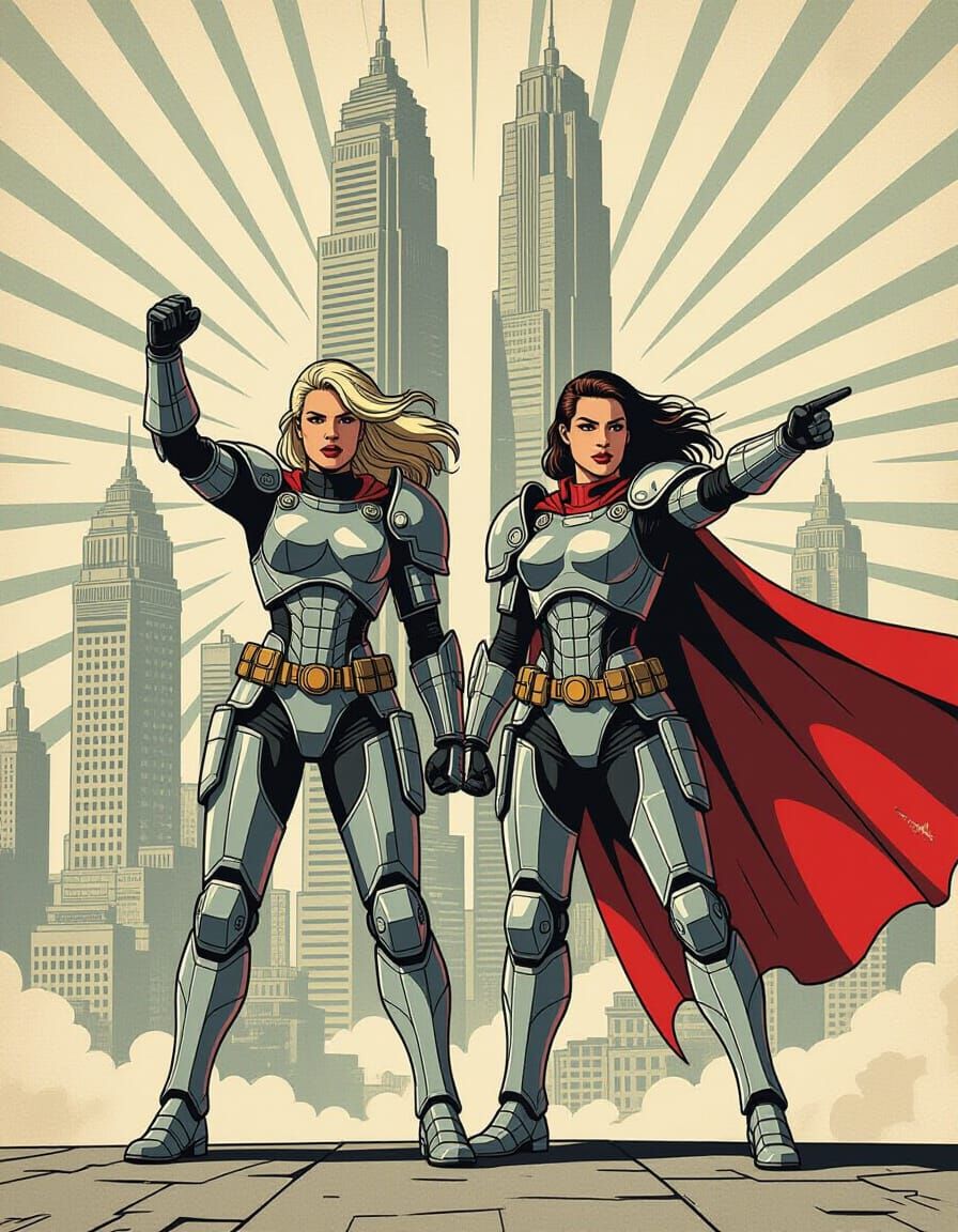 Armored Super-Soldiers in Soviet Propaganda Art Style