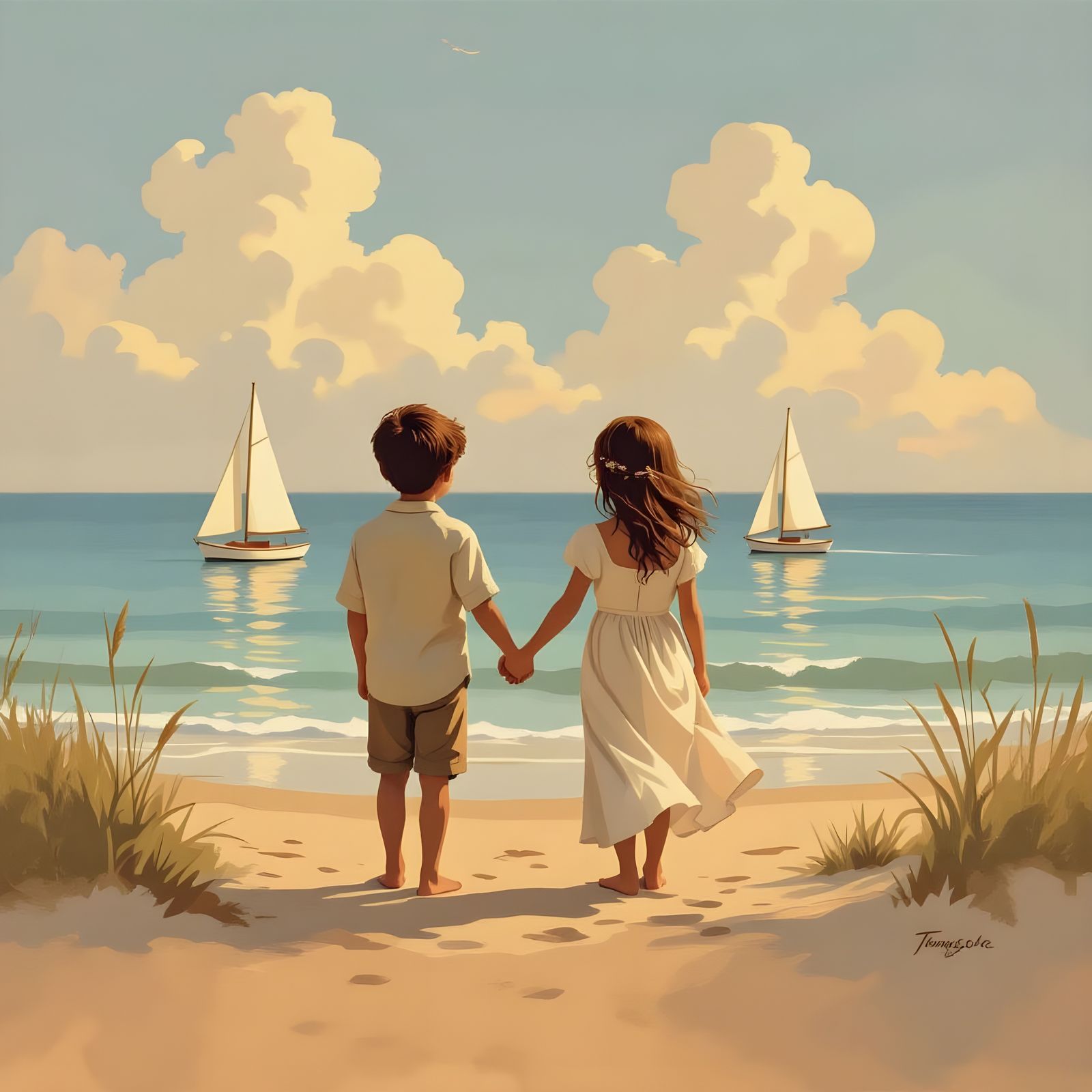 Children on Beach with Sailboats, Romanticism Style