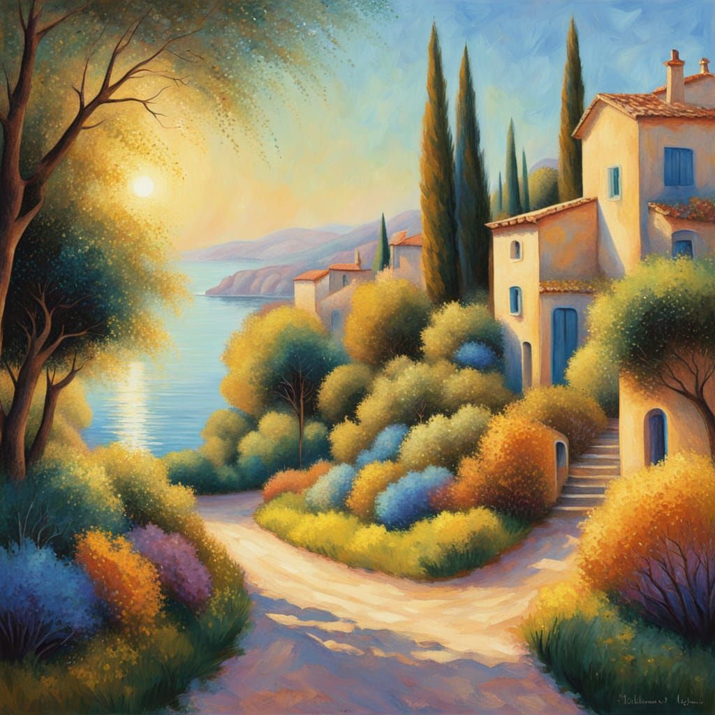 Idyllic Mediterranean Village in Seurat-Inspired Pointillist...