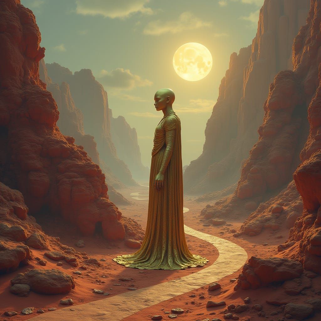 Golden Figure in Surreal Crimson Landscape