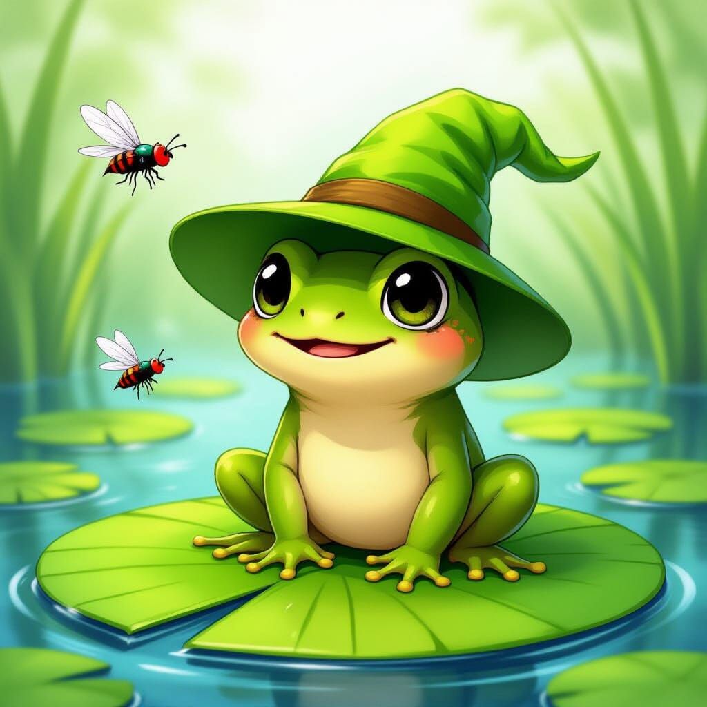 Chibi Frog on Lily Pad in Comic Book Style