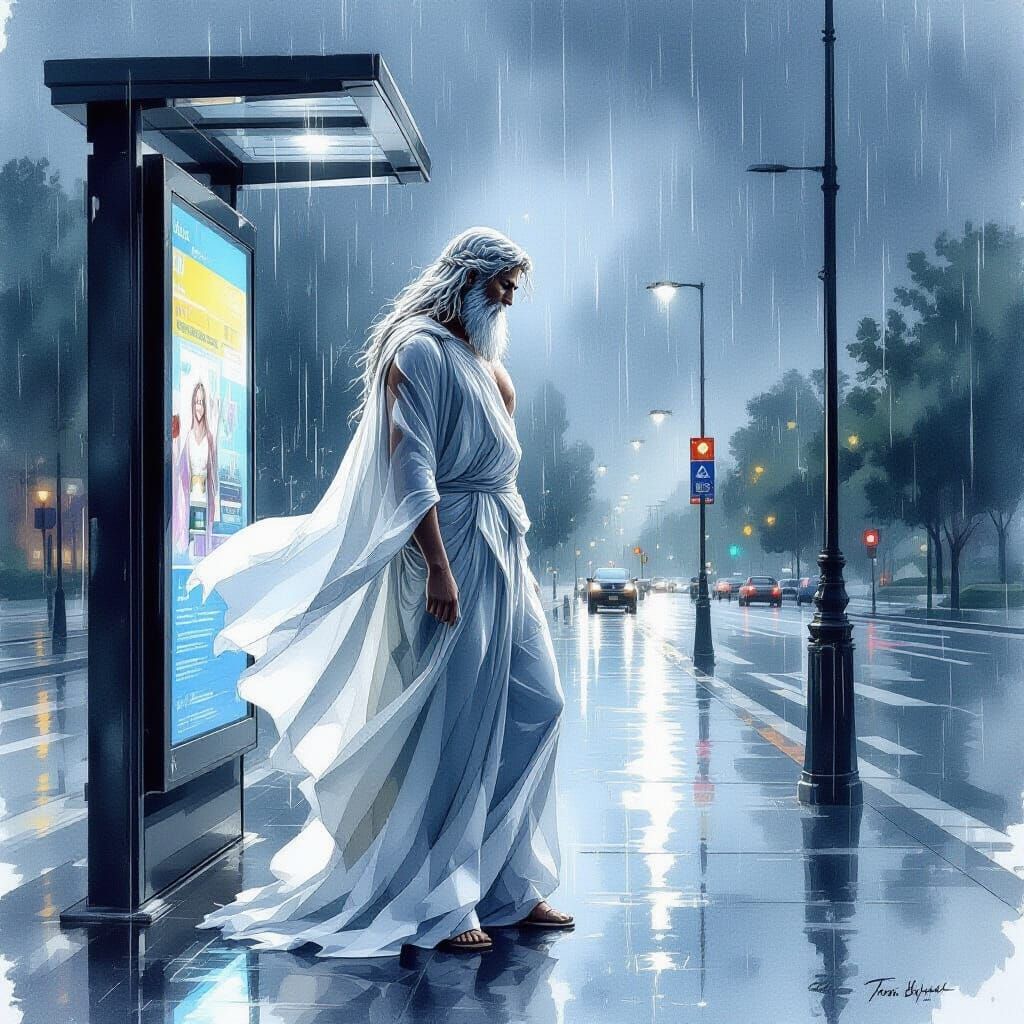 Zeus as God at Bus Stop in Rainstorm Watercolor
