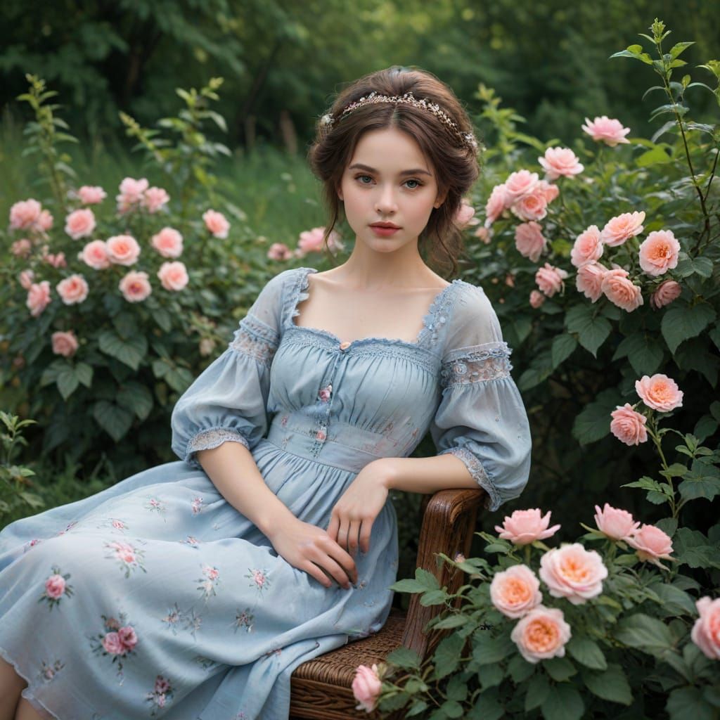 Young Woman with Blue Rose in City, Photorealistic Style