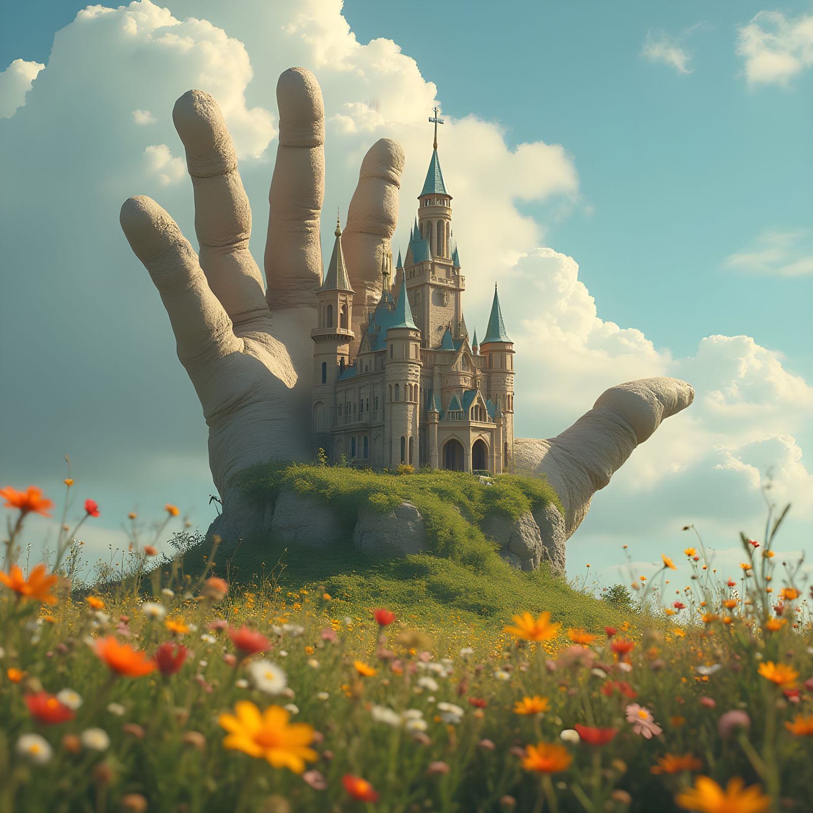 Giant Hand Cradling Castle in Wildflower Meadow