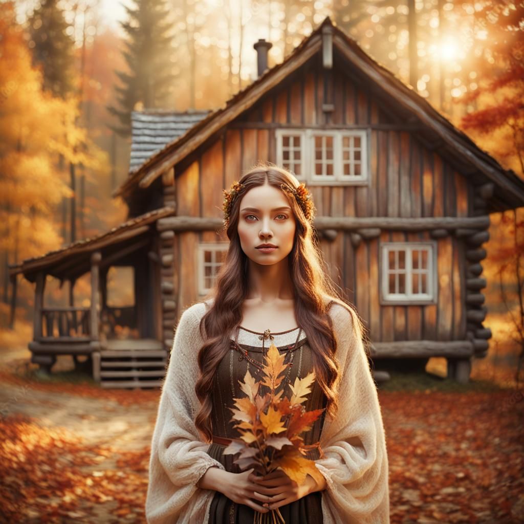 Enchanted Slavic Beauty in Autumn Forest Portrait