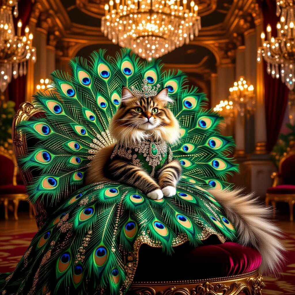 Regal Cat in Shimmering Peacock Costume on Velvet Cushion