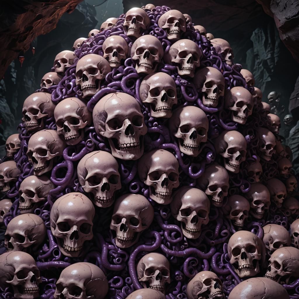 Purple Worm Climbs Skull Pile in Dark Cave