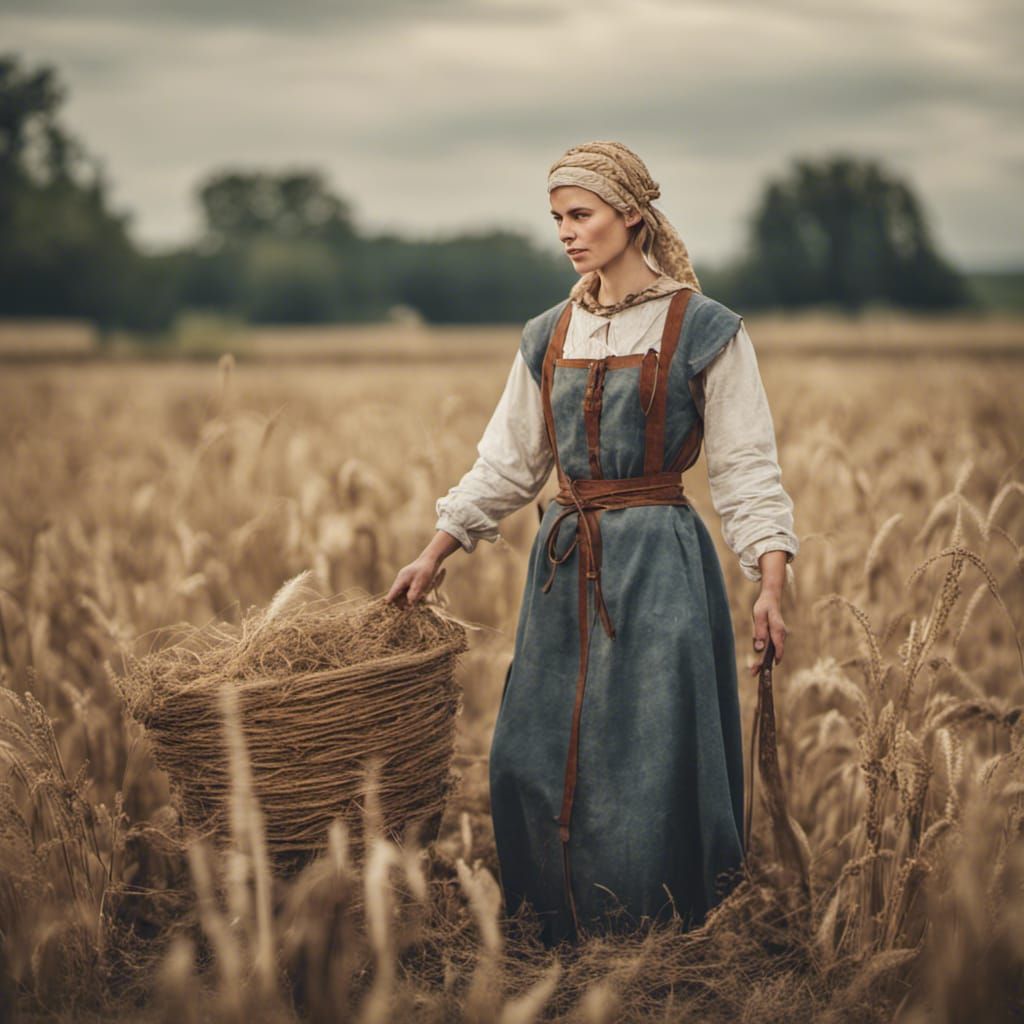 Medieval Female American Farmer in Ancient Clothing
