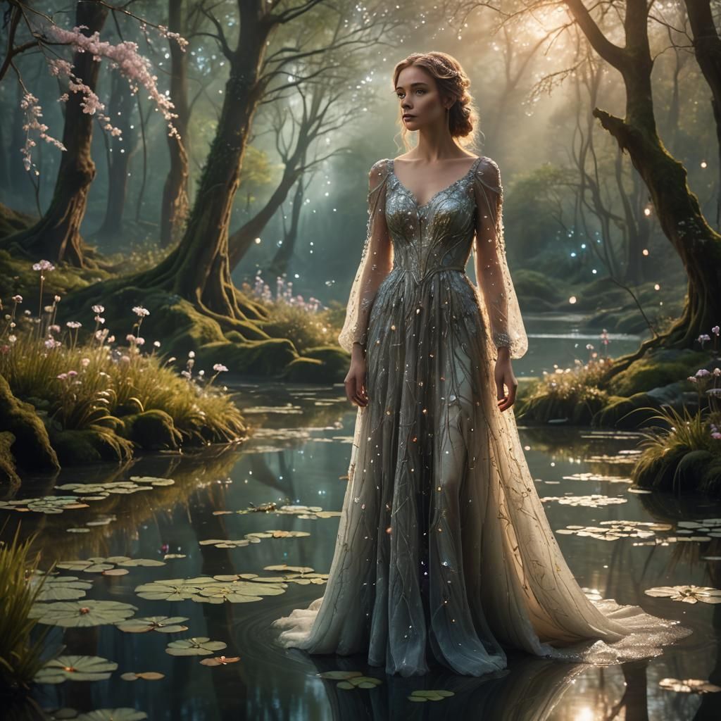 A mystical, moonlit glade in an enchanted forest, where a st...