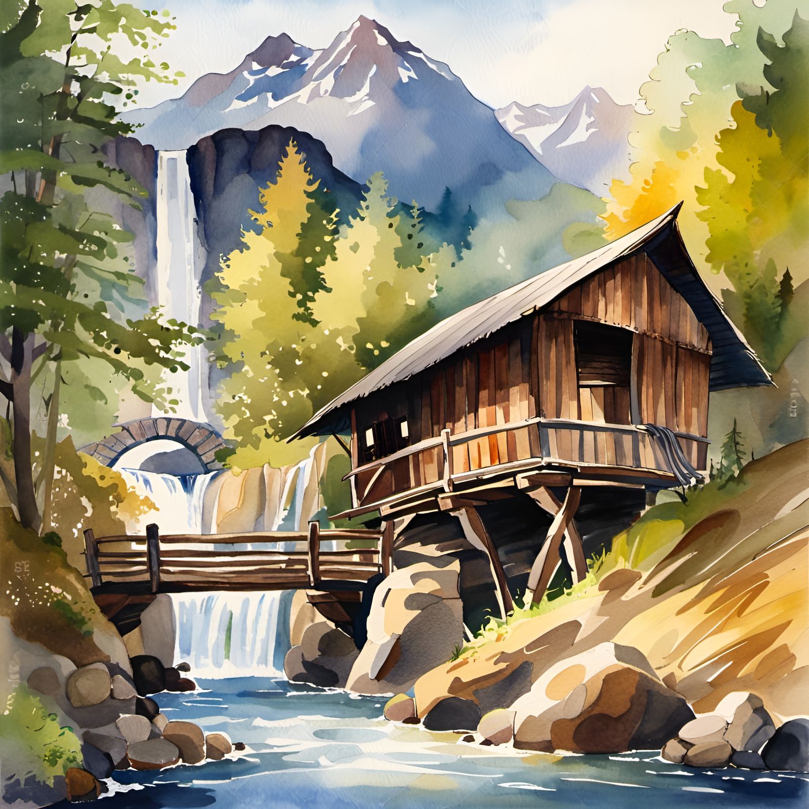 Watercolor Hut by Waterfall in the Mountains