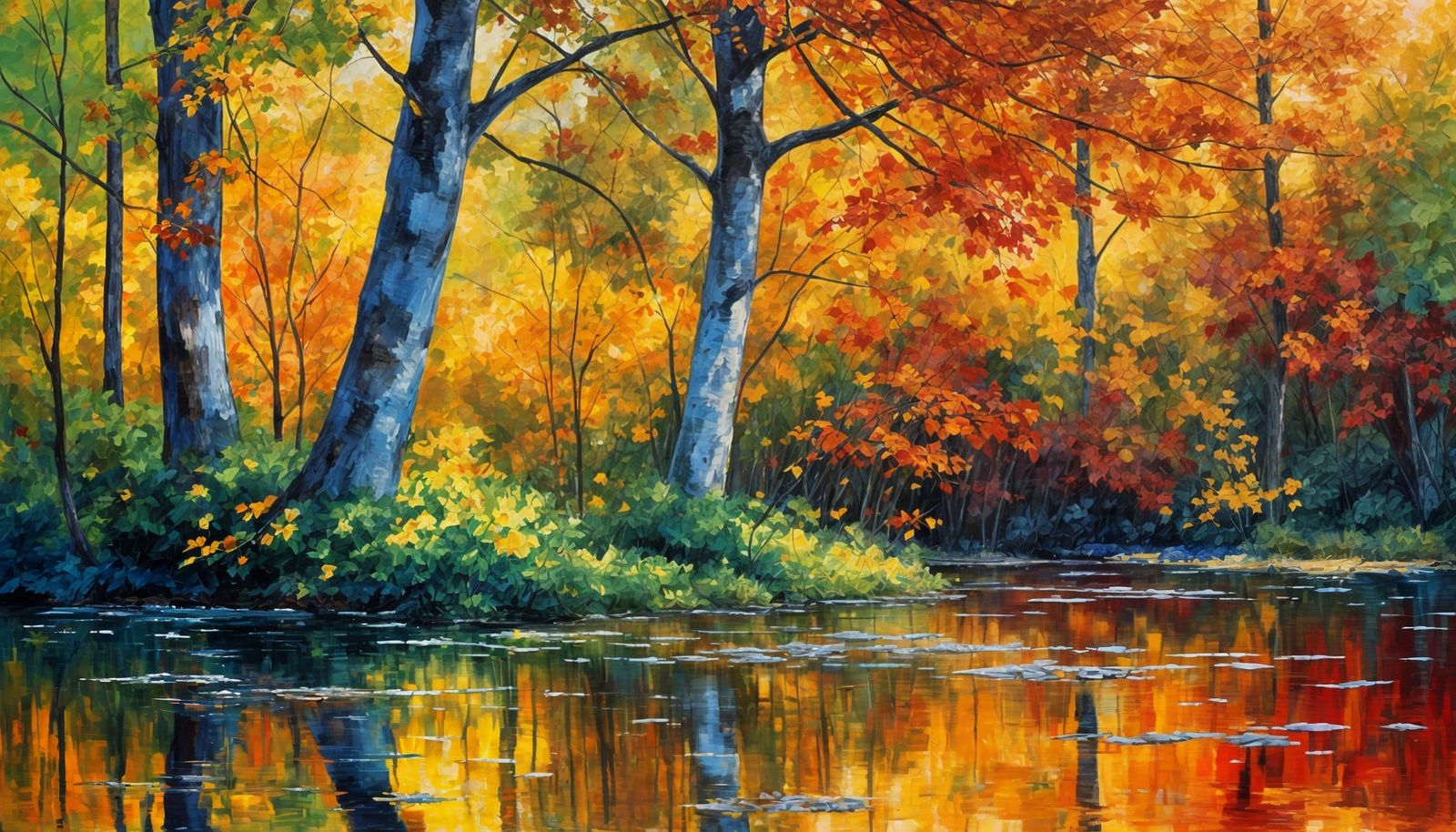 Impressionist Forest Painting With Vibrant Stream Reflection
