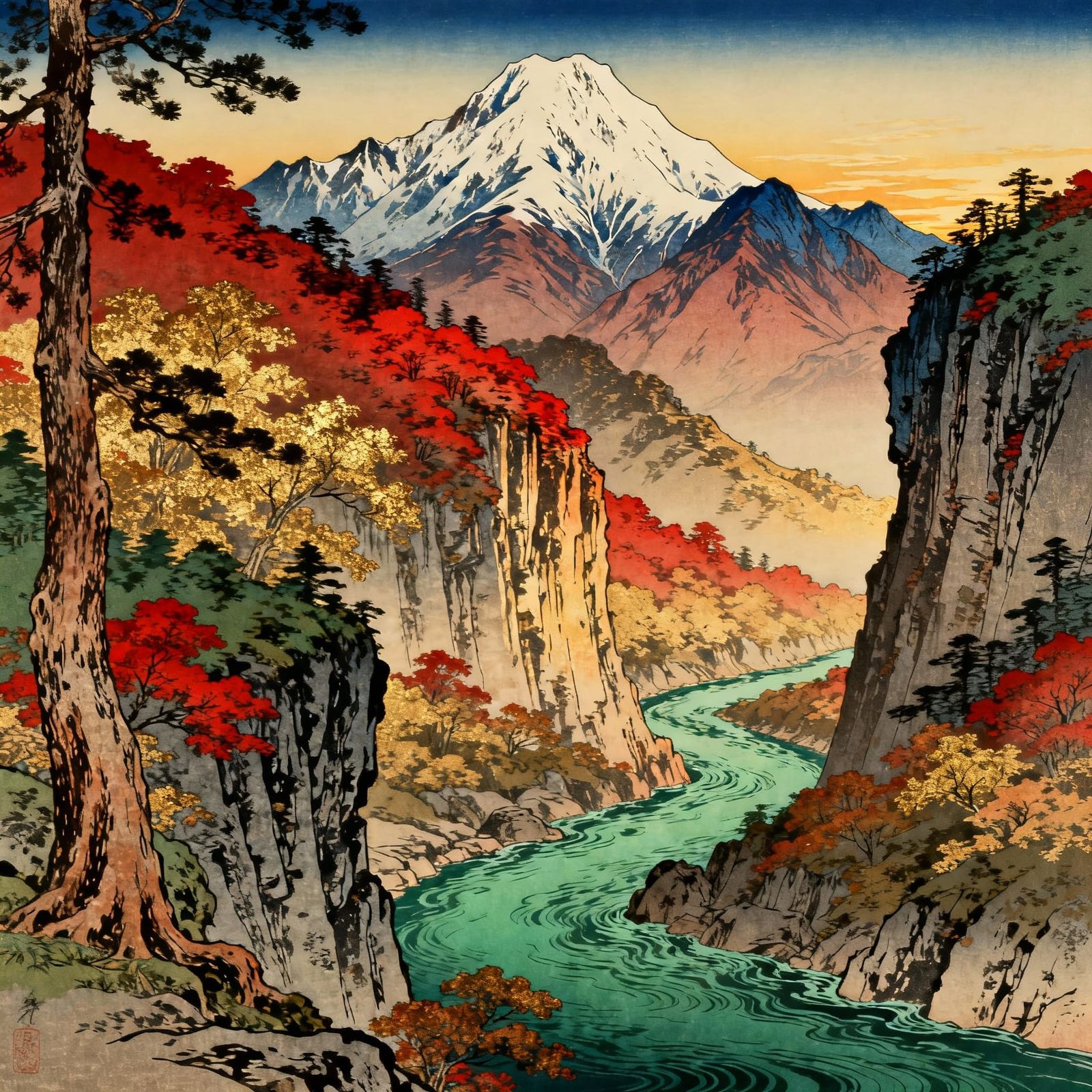 Majestic Japanese Autumn Landscape Painting in Ukiyo-e Style