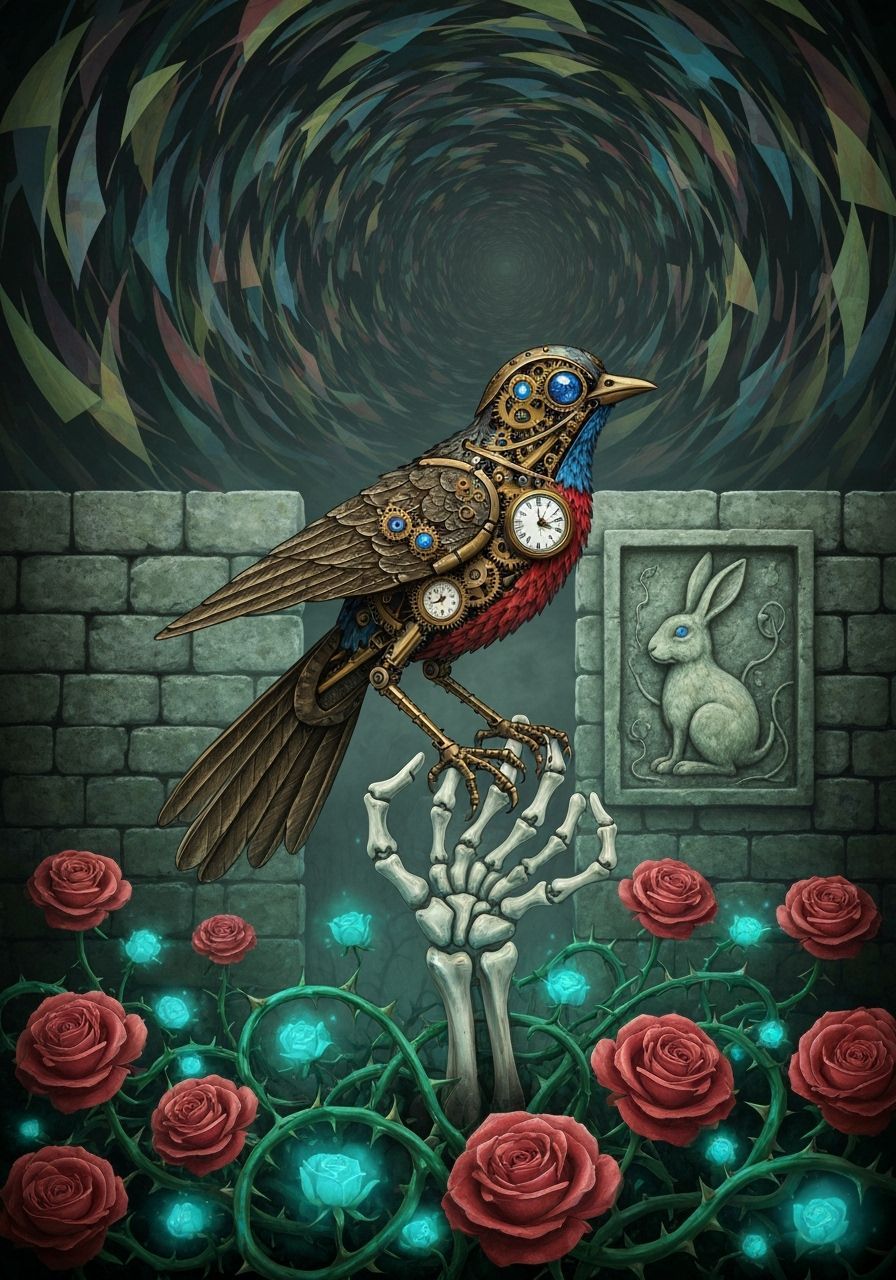 Clockwork Nightingale on Skeletal Hand in Gothic Style