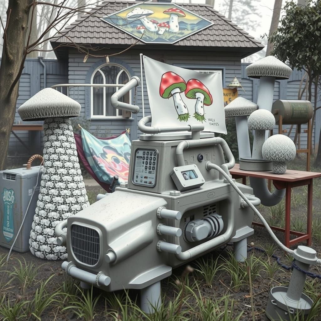 Surreal Computer in Forest with Brutalist Gum House