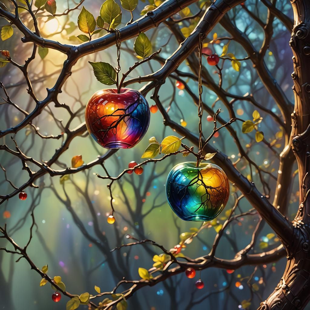 Rainbow Glass Apple on a Glowing Magic Tree