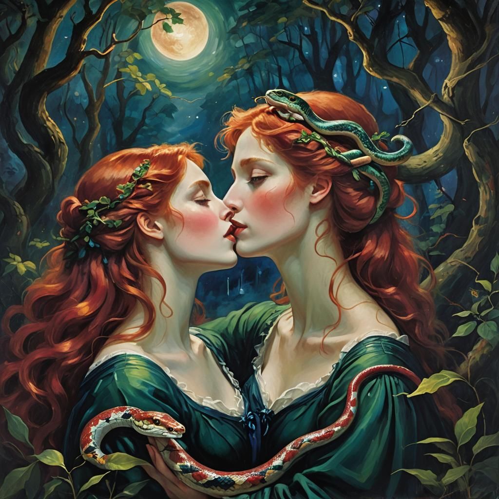 Romantic Portrait of Woman Kissing Snake in Moonlit Forest