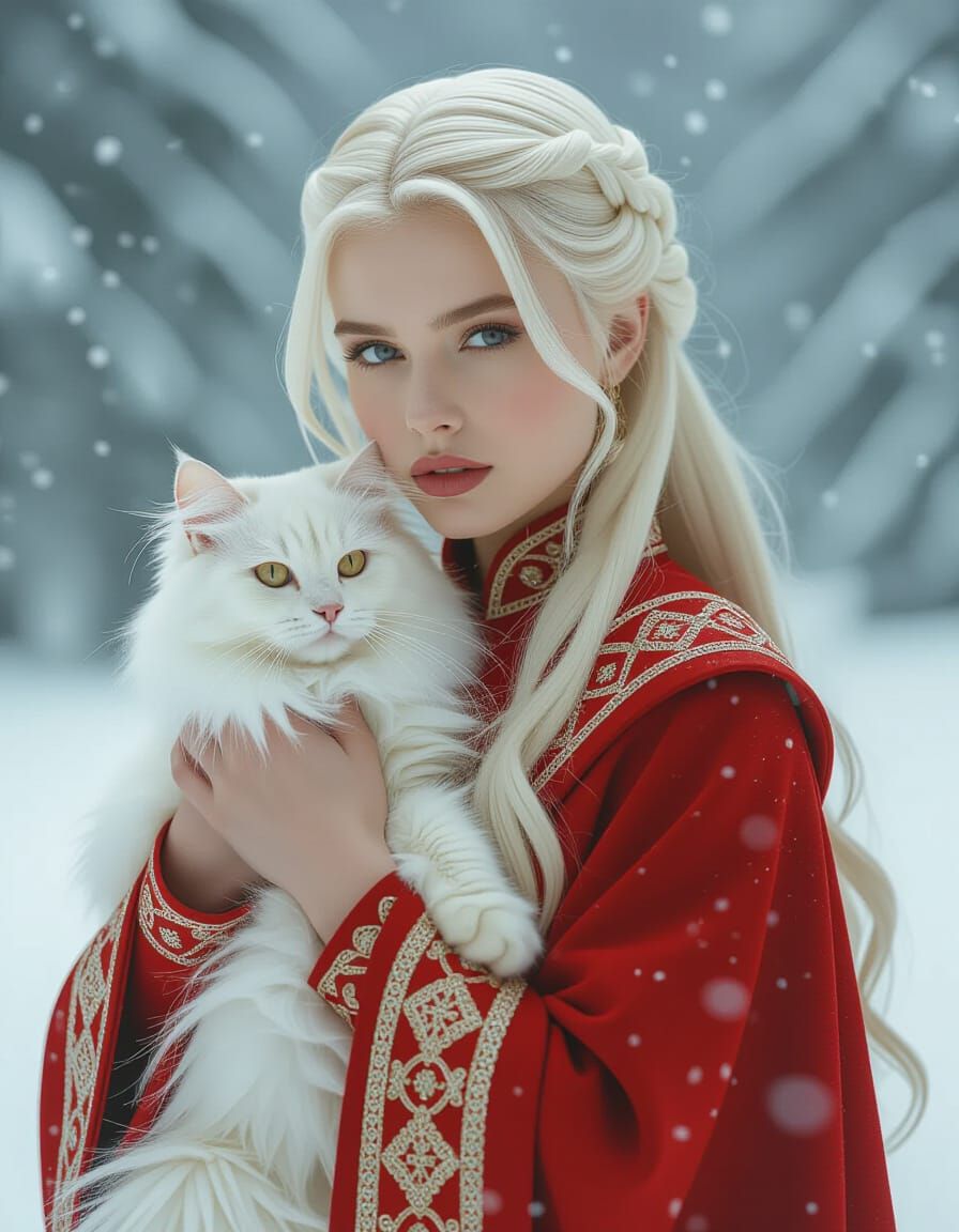 Pale Woman with White Cat in Snowy Scene