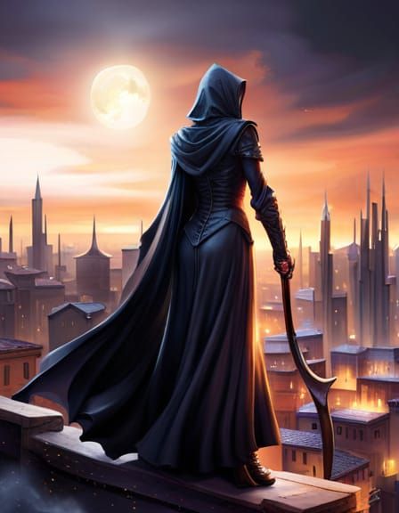 Fantasy Assassin Overlooking Town at Night
