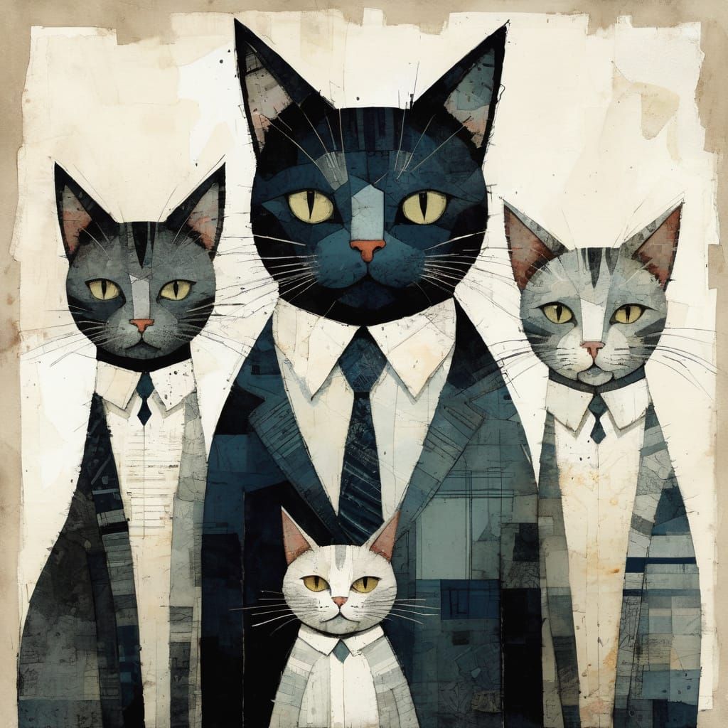 Charming Cat Family Portrait in Naive Art Style