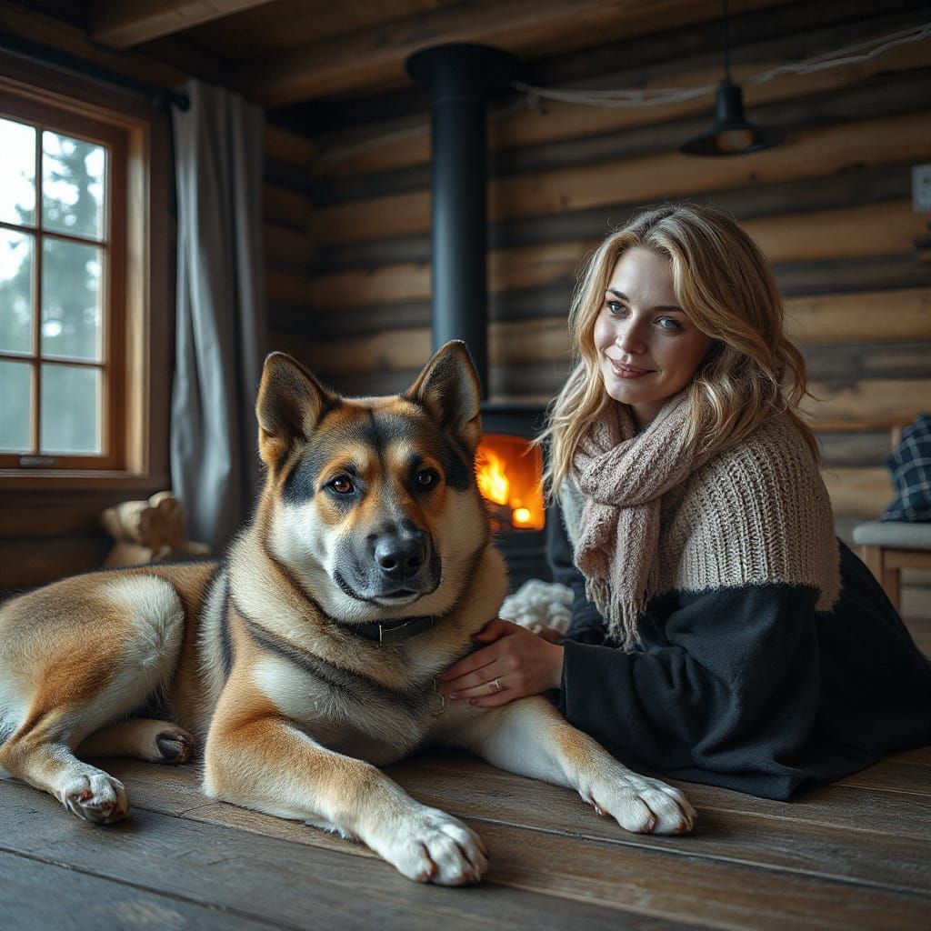 Cozy Cabin Scene with Human and K9 Best Friends