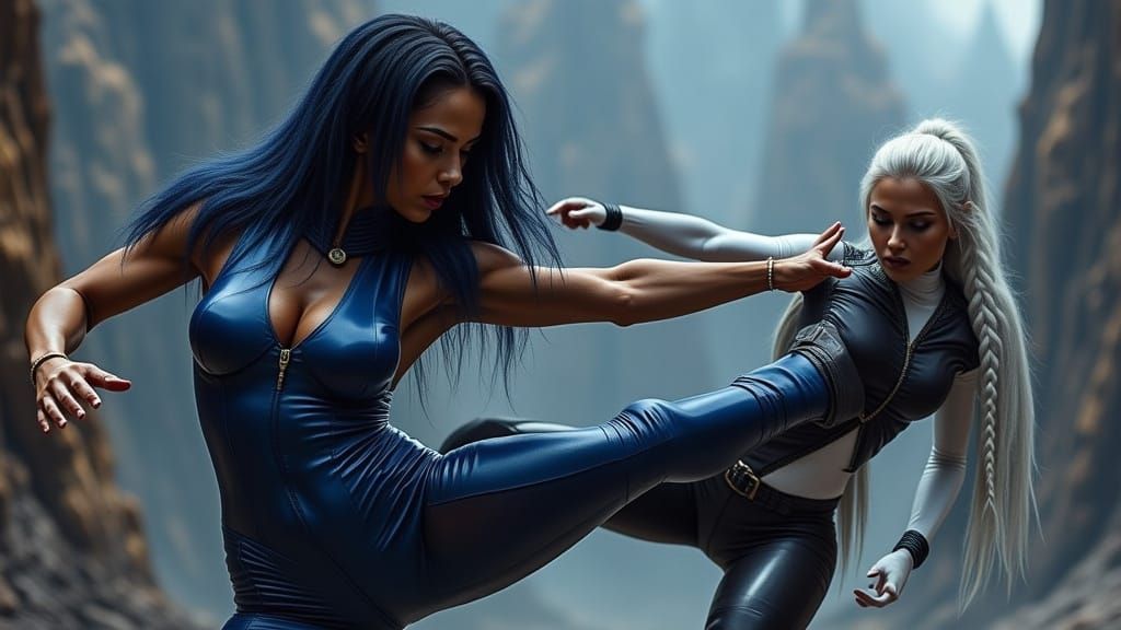 Dynamic Women in Latex Bodysuits: Hyperrealistic Fight Scene