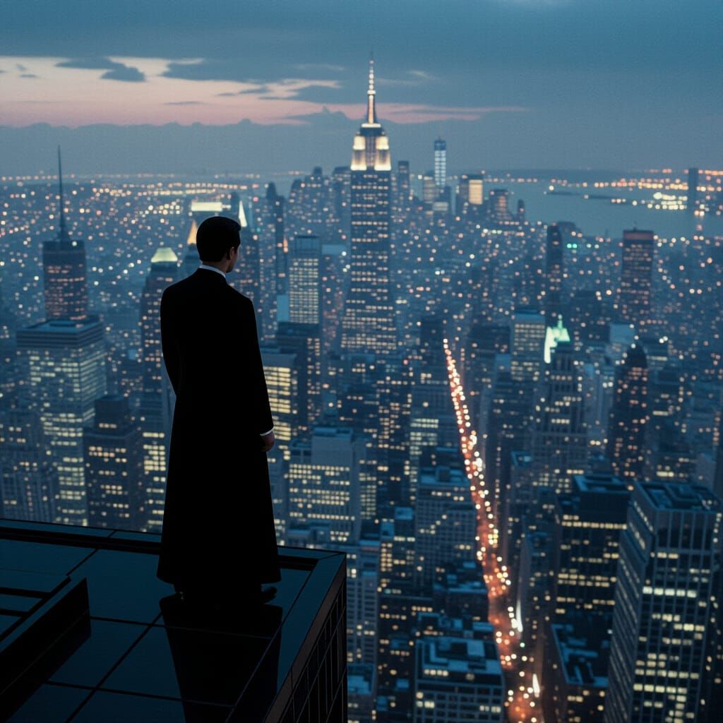 Lone Figure Gazing at Cityscape in Cinematic Style