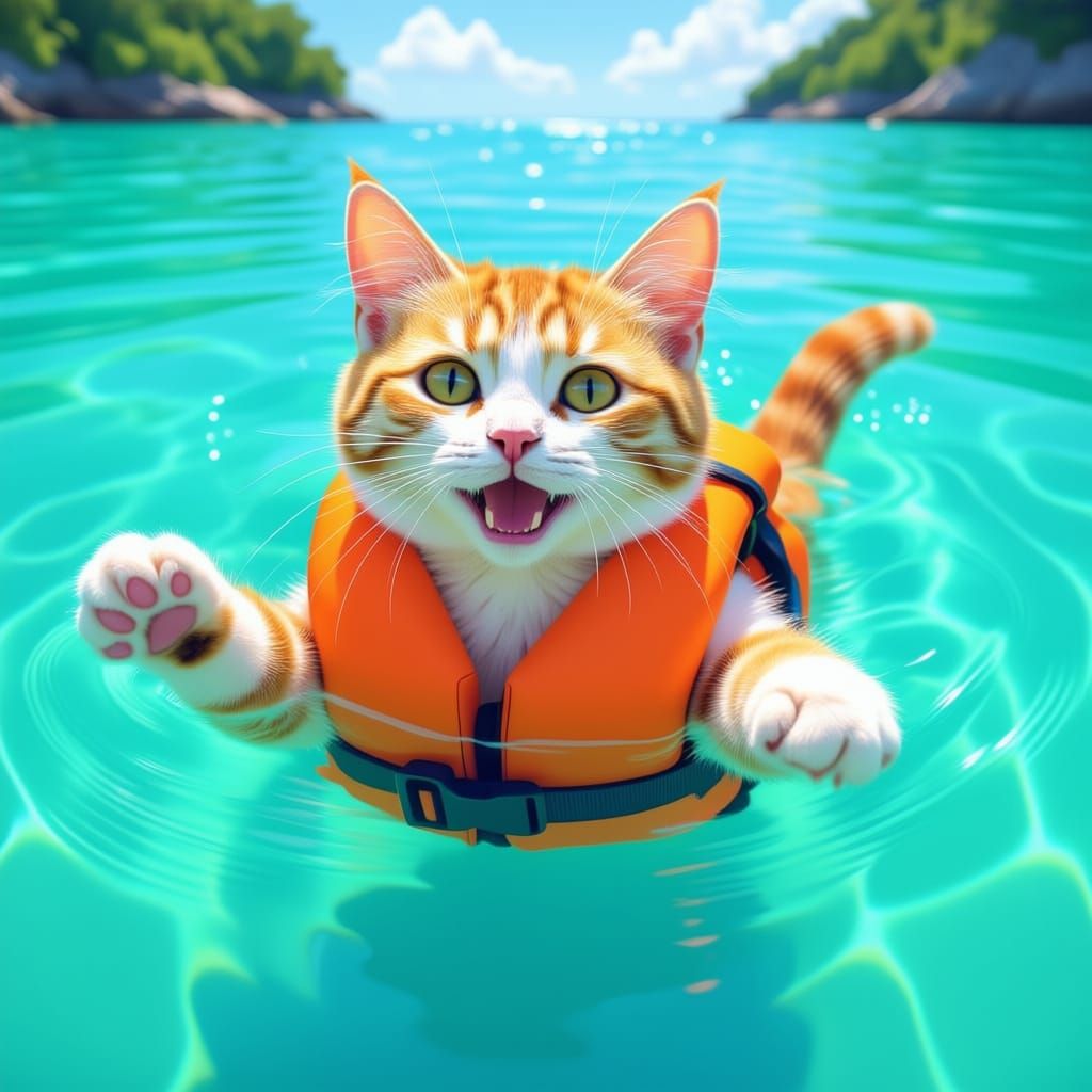 Happy Cat Swimming in Blue Water