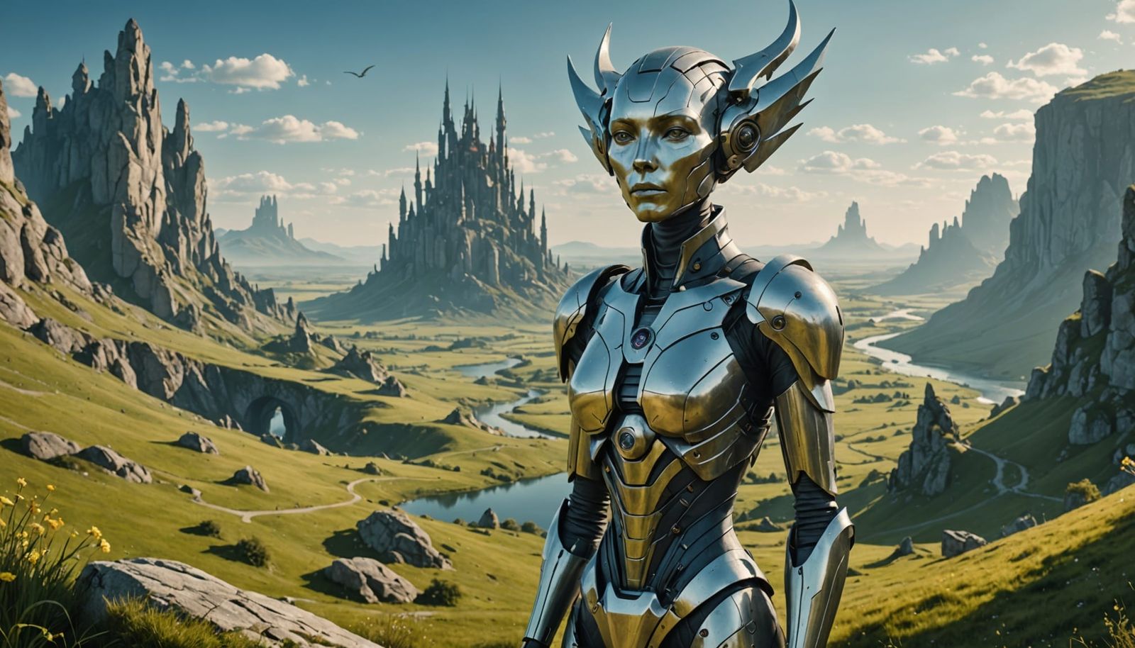 A humanoid female sclupture in style of szukalski placed in a very detailed landscape fantasy by hironimous Bosch