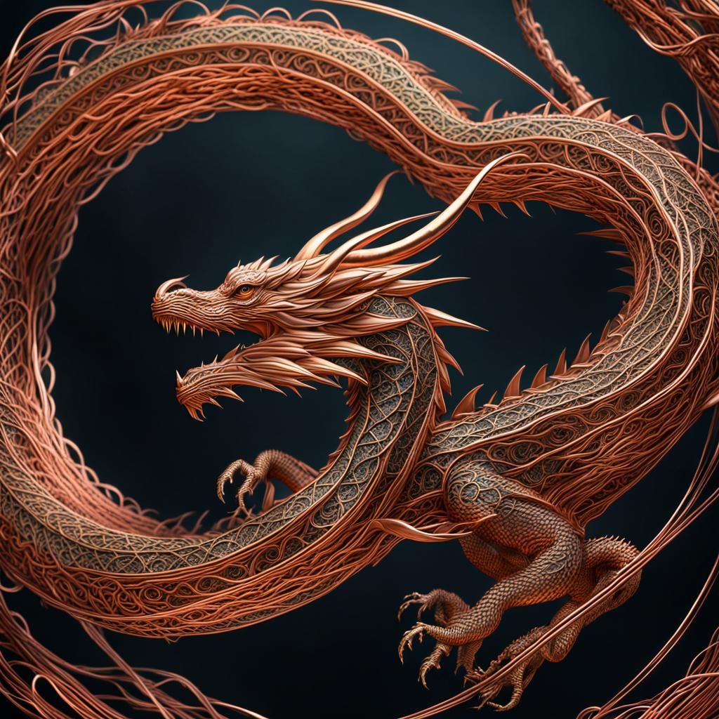 Intricate Copper Wire Dragon: Digital Matte Painting