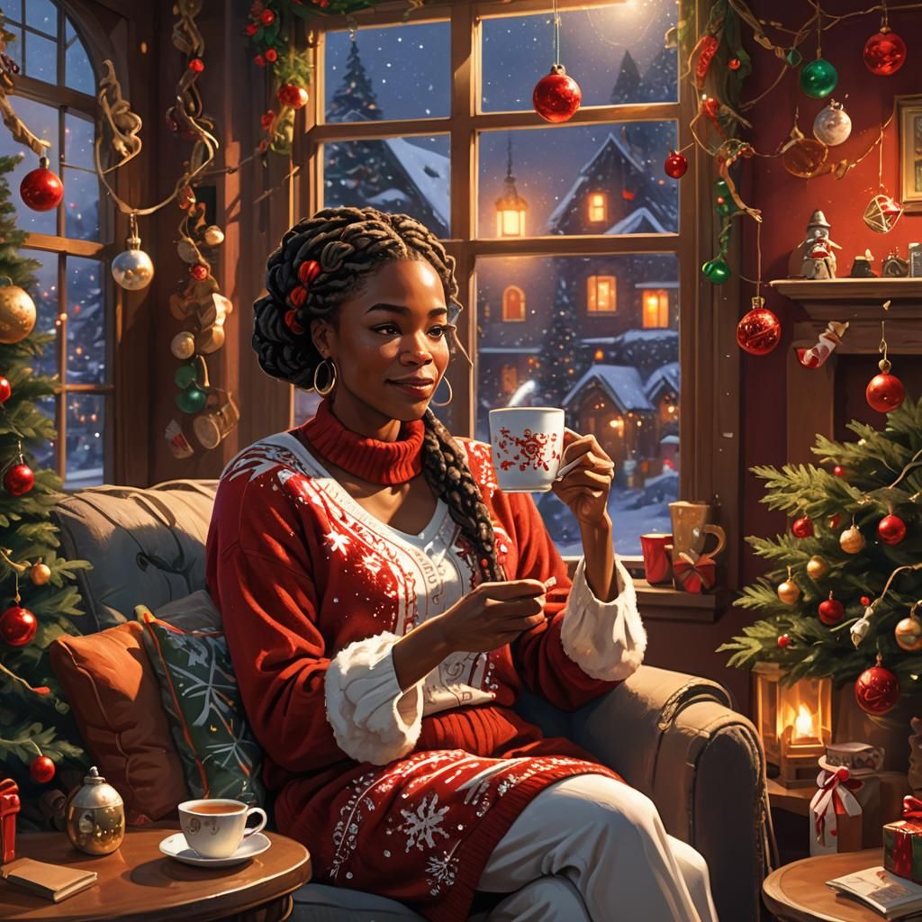 Cozy Mrs. Claus Sipping Coffee: Fantasy Concept Art
