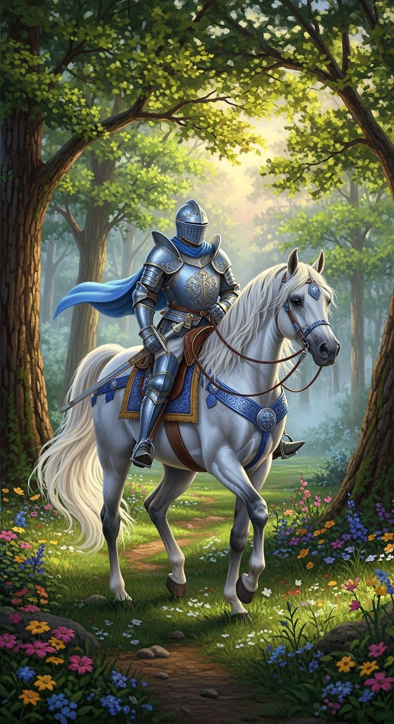 Knight on White Horse in Spring Forest